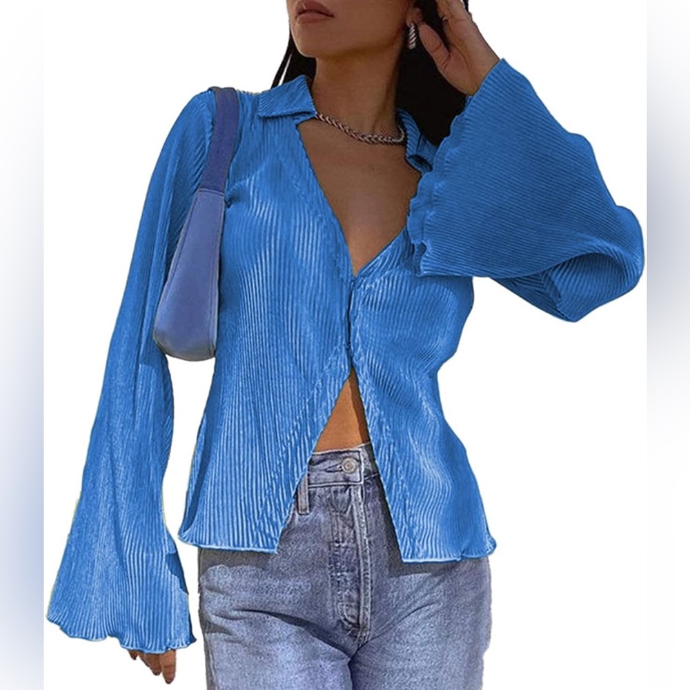 LYANER - Deep V Neck Button Bell Long Sleeve Blouse Top